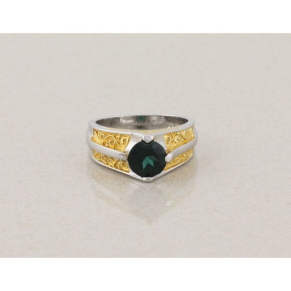 Sterling Silver and Gold Plate Lab Created Green Spinel Ring Size 7 - Picture 1 of 9